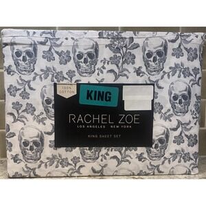 Rachel Zoe Halloween Floral Skulls King Sheet Set 100% Cotton Gray Multi NEW